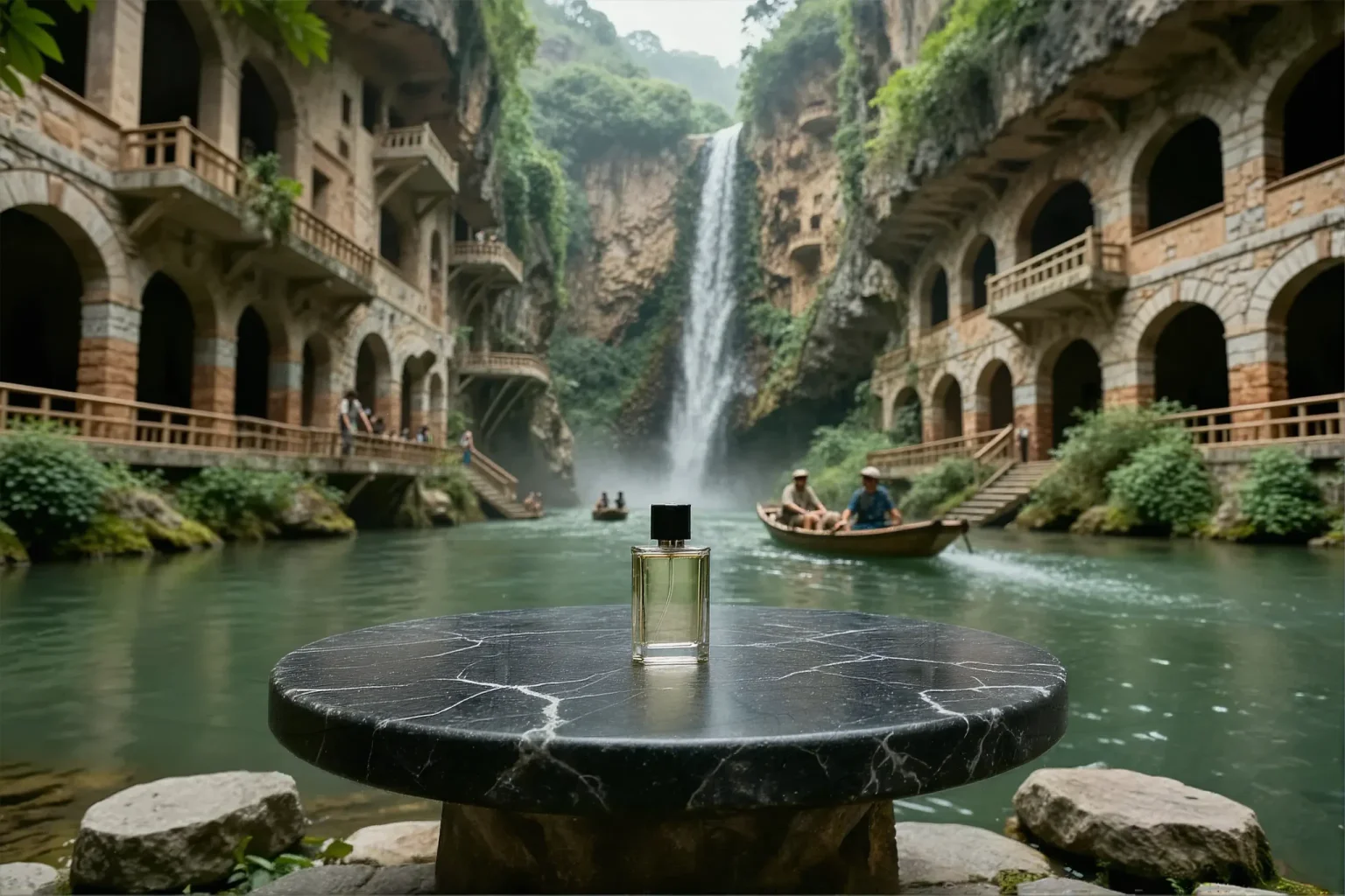 Perfume on a black marble table beside a canyon river and waterfall, in a horizontally expanded scene