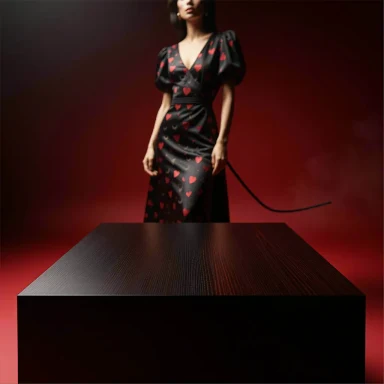 Red editorial product-photography scene with a woman behind an empty black display table