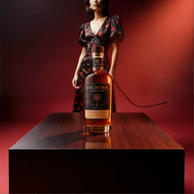 Final VELMORE bottle composition on a black table in a red editorial scene after upscaling