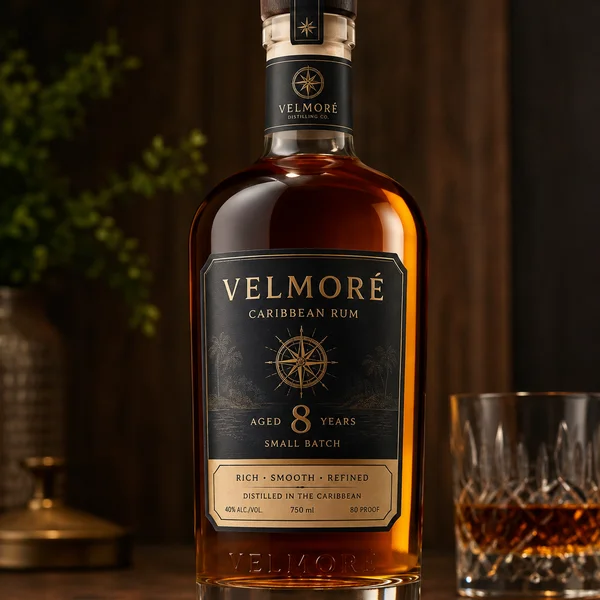 VELMORE amber rum bottle product reference photographed beside a glass on a dark background
