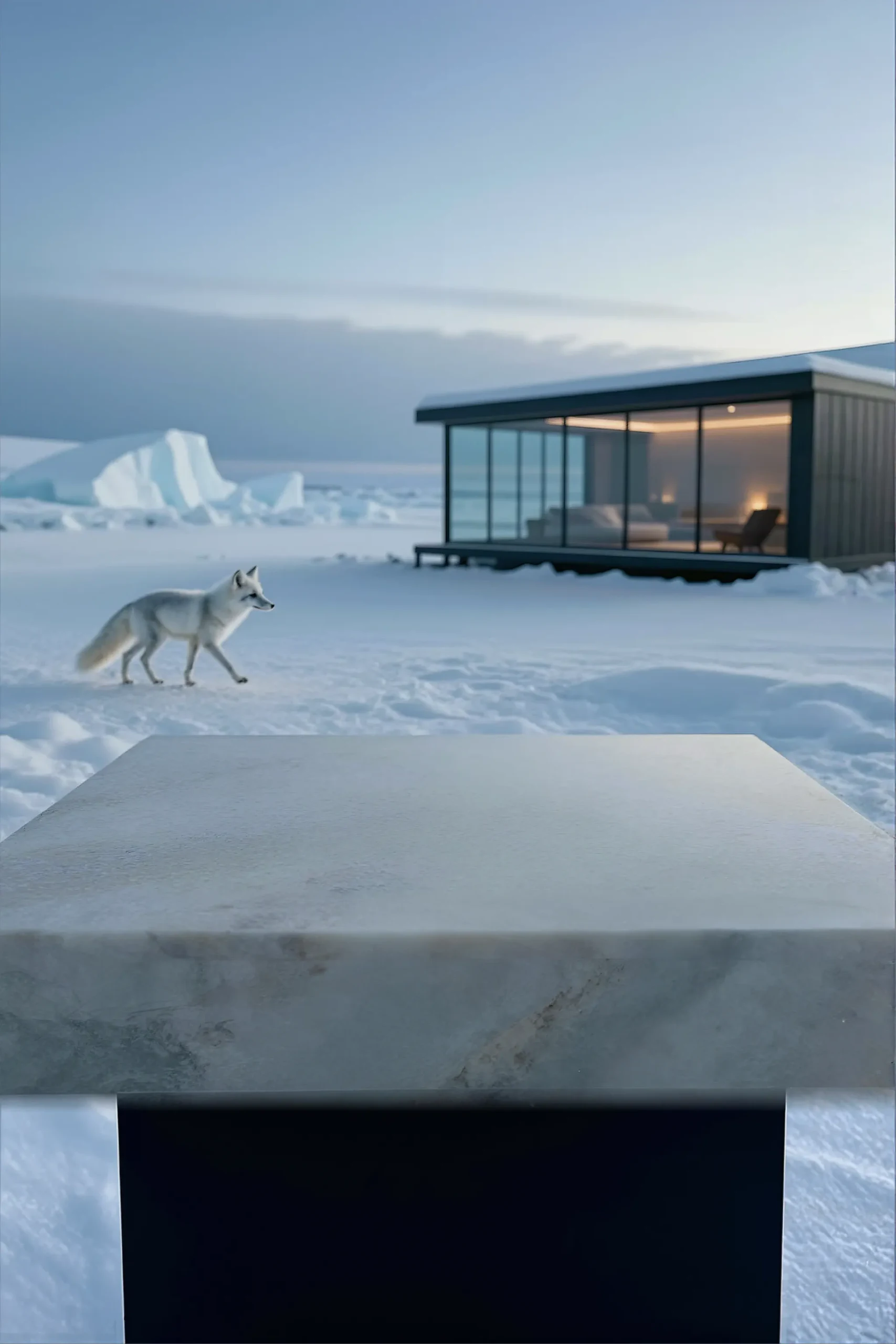 Arctic cabin campaign backplate composed for a 2:3 layout