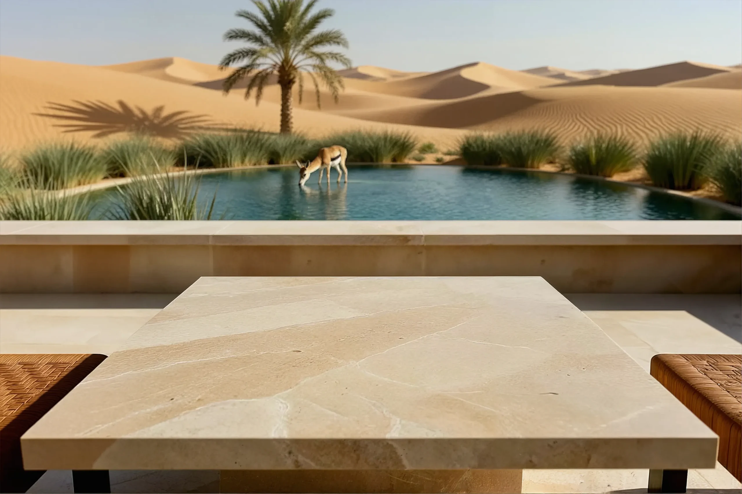 Desert oasis campaign backplate composed for a 3:2 layout